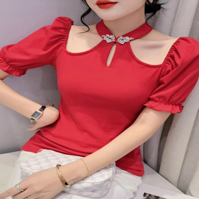 المرأة قصيرة الأكمام الرسن طوق تي شيرت سيدة أنيقة...