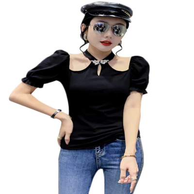 المرأة قصيرة الأكمام الرسن طوق تي شيرت سيدة أنيقة...