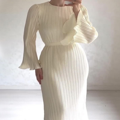 Lanmrem-فستان نسائي أنيق بثنيات ، رقبة مستديرة ، ح...