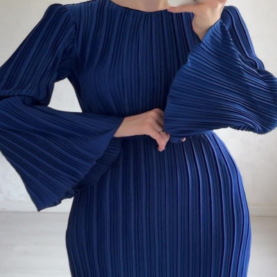 Lanmrem-فستان نسائي أنيق بثنيات ، رقبة مستديرة ، ح...