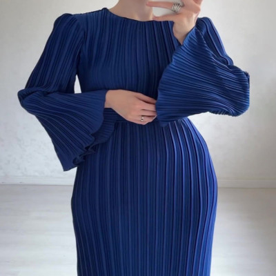 Lanmrem-فستان نسائي أنيق بثنيات ، رقبة مستديرة ، ح...