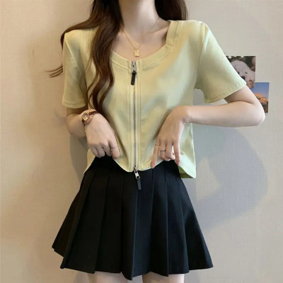 حجم كبير المرأة تي شيرت قصير الأكمام مزدوجة سستة غطاء البطن التخسيس نمط قصير قاعدة قميص الصيف تنوعا عارضة أعلى