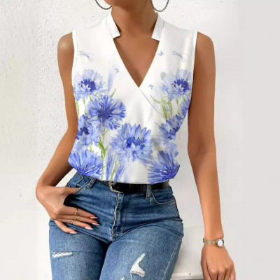 Casual V-neck Regular Fit Digital Print Top T-shir...