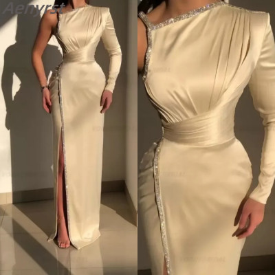 Elegant Champagne Evening Gowns One Shoulder Long...