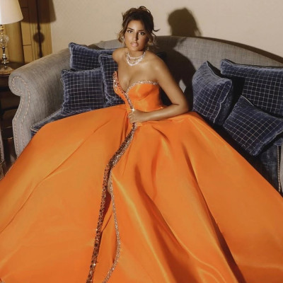 Customized Sparkly Sequined Strapless Orange A-lin...