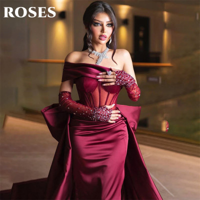 ROSES Burgundy Stain Mermaid Prom Dresses with Bow...