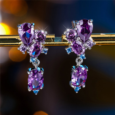 أقراط نسائية فضية أنيقة مرصعة بالزركون الأرجواني