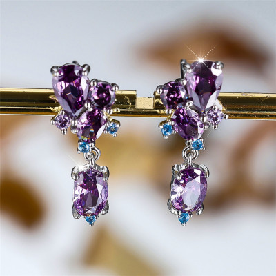 أقراط نسائية فضية أنيقة مرصعة بالزركون الأرجواني