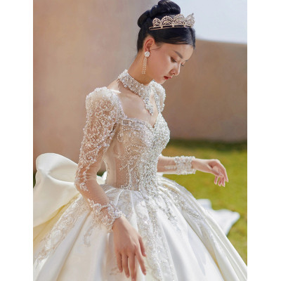 فستان عروس فاخر جديد 2023 لؤلؤي ساتان بدون ظهر مع...