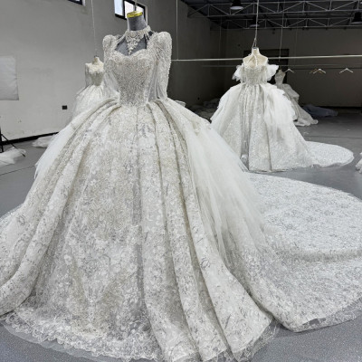 فستان زفاف فاخر بأكمام طويلة ثوب الكرة الدانتيل ال...