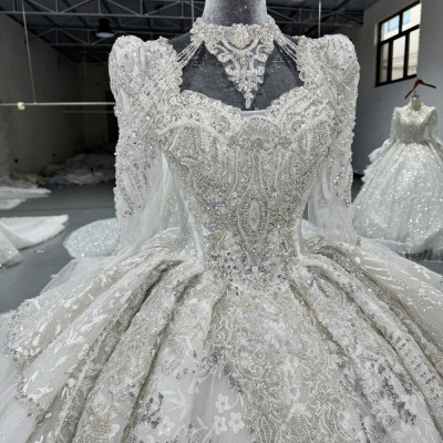 فستان زفاف فاخر بأكمام طويلة ثوب الكرة الدانتيل ال...
