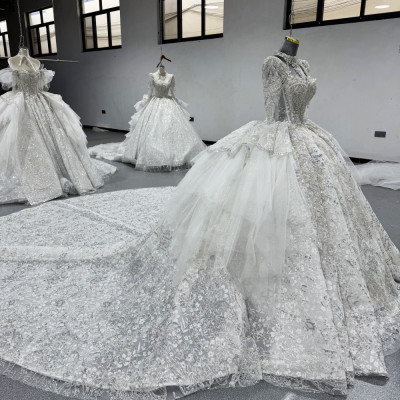 فستان زفاف فاخر بأكمام طويلة ثوب الكرة الدانتيل ال...