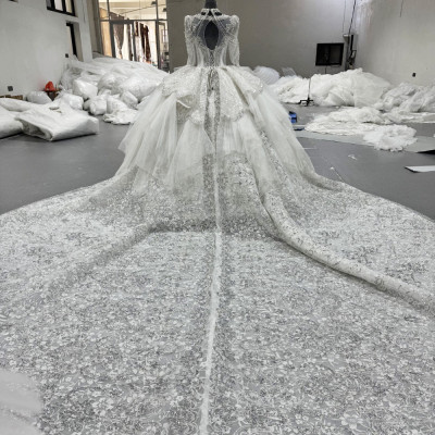 فستان زفاف فاخر بأكمام طويلة ثوب الكرة الدانتيل ال...