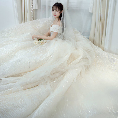 فاخر الترتر فستان الزفاف الكلاسيكية قارب الرقبة ثو...