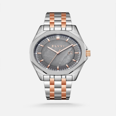 ساعة رجالية ستيل فضي وروز قولد