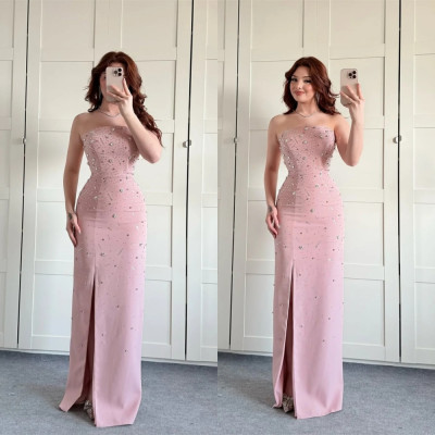Customized Formal Pink Jersey Evening Dress Temper...