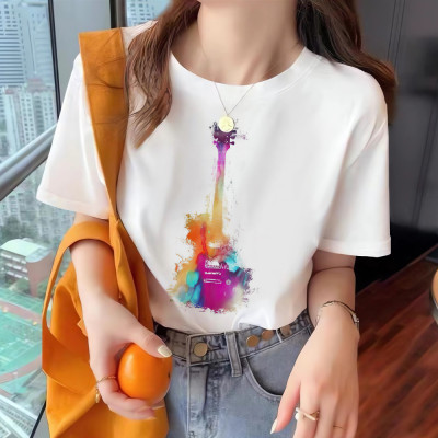 تي شيرت نسائي فضفاض برقبة مستديرة وأكمام قصيرة ، ب...