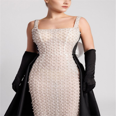 فستان سهرة طويل مطرز بالخرز ثلاثي الأبعاد مزين بال...