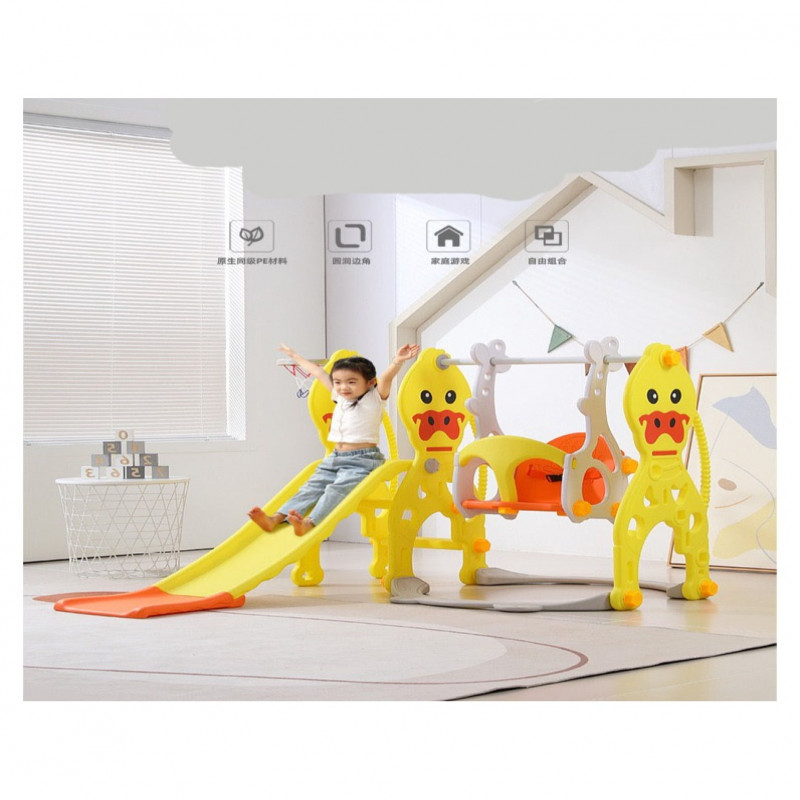 زحليقة علي شكل بطة مع مرجيحة و كرة سلة 3*1 ,أصفر