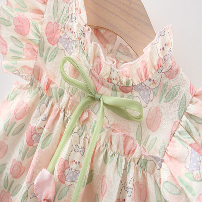 فستان بطبعة أرنب كرتوني للفتيات ، أكمام طائرة صغيرة ، زهرة ، شريط فيونكة للرقبة ، نمط زهرة التوليب ، ملابس صلبة ، الصيف