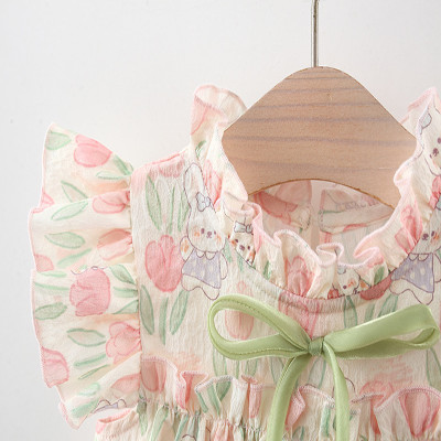 فستان بطبعة أرنب كرتوني للفتيات ، أكمام طائرة صغيرة ، زهرة ، شريط فيونكة للرقبة ، نمط زهرة التوليب ، ملابس صلبة ، الصيف