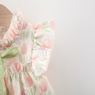 فستان بطبعة أرنب كرتوني للفتيات ، أكمام طائرة صغيرة ، زهرة ، شريط فيونكة للرقبة ، نمط زهرة التوليب ، ملابس صلبة ، الصيف