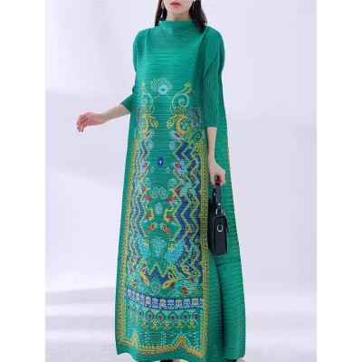 فستان نسائي بطيات مياكي ، ياقة قائمة ، فضفاض ، متو...