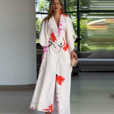 بذلة نسائية مطبوعة نصف كم رقبة على شكل V فضفاضة بن...