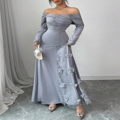 فستان نسائي من Rafiah بأكمام طويلة بدون أكتاف مطرز...