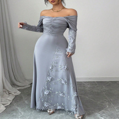 فستان نسائي من Rafiah بأكمام طويلة بدون أكتاف مطرز...