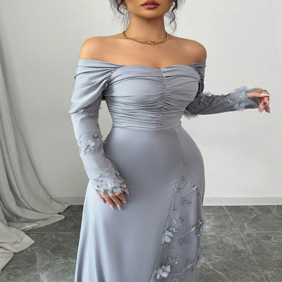 فستان نسائي من Rafiah بأكمام طويلة بدون أكتاف مطرز...