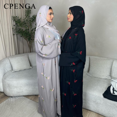 سترة مطرزة بالزهور في الشرق الأوسط للنساء المسلمات عيد دبي فستان عباية متواضع مع حجاب إسلامي جلابية تركية