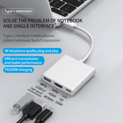 محول USB C إلى HDMI متعدد المنافذ ، محور 3 في 1 من النوع C مع Thunderbolt ، خرج 4K ، منفذ USB 3.0 ، PD 100 واط ، منفذ شحن سريع