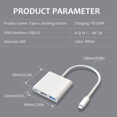محول USB C إلى HDMI متعدد المنافذ ، محور 3 في 1 من النوع C مع Thunderbolt ، خرج 4K ، منفذ USB 3.0 ، PD 100 واط ، منفذ شحن سريع