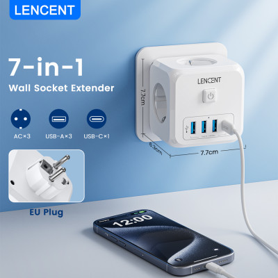 موسع مقبس الحائط Lencent للمنزل ، شاحن قابس الاتحاد الأوروبي ، مفتاح تشغيل وإيقاف ، 3 منافذ تيار متردد ، 3 منافذ USB ، نوع C ، 7 في 1