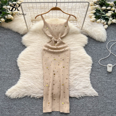 SINGREINY مثير الحياكة سبليت فستان طويل بلا أكمام...