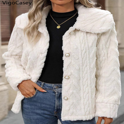 VigoCasey 2025 المرأة الخريف الشتاء سترة بيضاء لين...