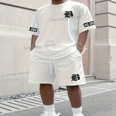 LB Printed Sport T-shirt+shorts Suit Set Men Male...