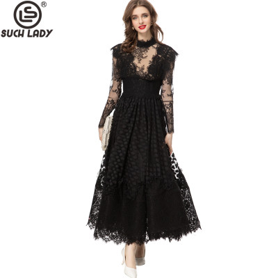 فستان نسائي مع ياقة قائمة ، دانتيل مطرز ، تول مثير...