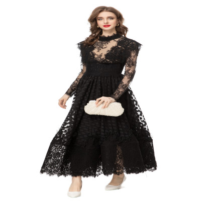 فستان نسائي مع ياقة قائمة ، دانتيل مطرز ، تول مثير...