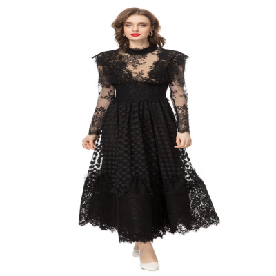 فستان نسائي مع ياقة قائمة ، دانتيل مطرز ، تول مثير...