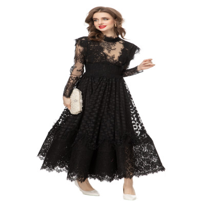 فستان نسائي مع ياقة قائمة ، دانتيل مطرز ، تول مثير...