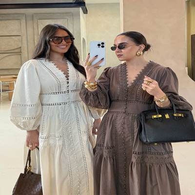 فستان ماكسي مجوف للنساء أنيق من الدانتيل بأكمام طو...