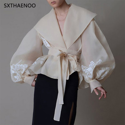 SXTHAENOOVintage قميص مطرز مطبوع للنساء التلبيب فا...