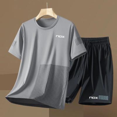 New men's letter printed round neck T-shirt shorts set, outdoor fitness tennis sweatshirt, round neck short sleeved T-shirt