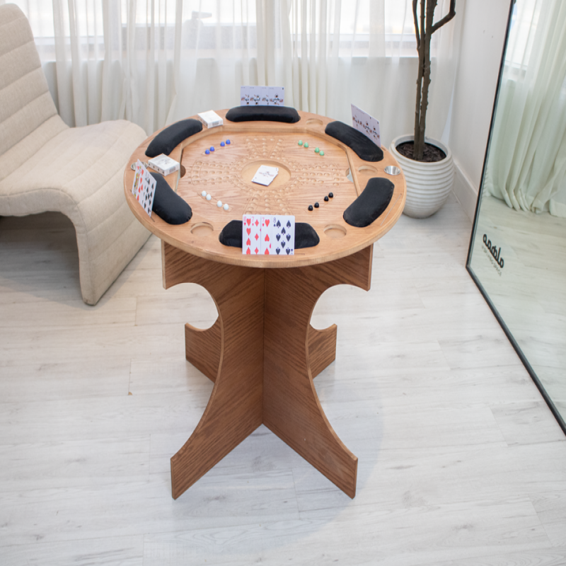 High circular jackaroo table with oak veneer