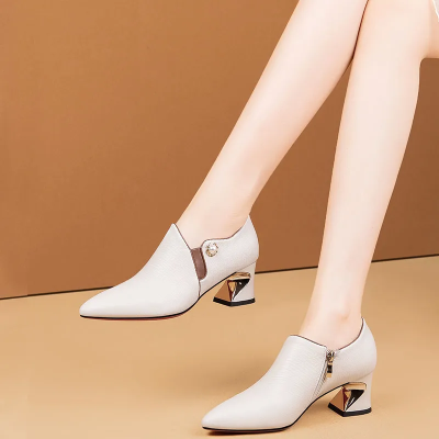 حذاء بكعب كاحل مدبب للنساء ، أحذية بيج كاجوال للسي...