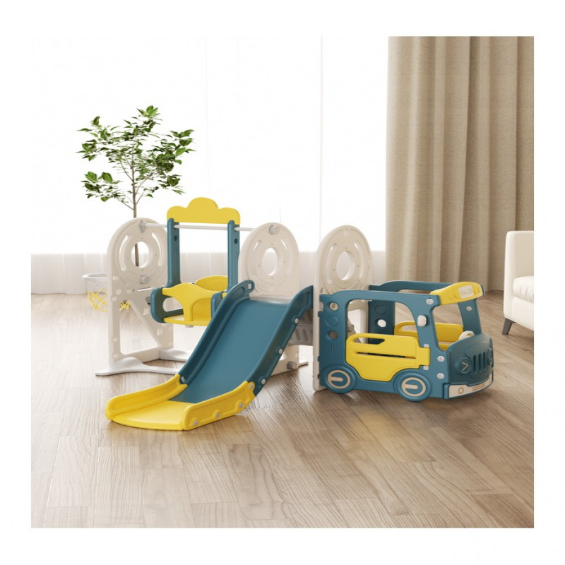 زحليقة مع مرجيحة وسيارة وكرة سلة ,أصفر-أزرق غامق