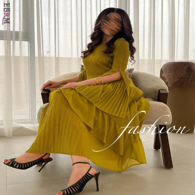 فیشن Miyake Pleated Ruffles Dress Full Sleeve Soli...