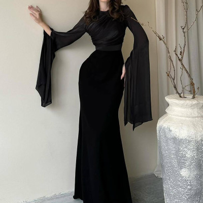 فساتين ماكسي صلبة من الساتان للنساء بمزاج رقبة على...